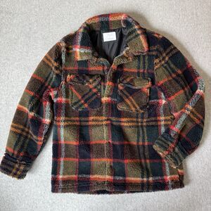 Zara Sherpa Jacket Womens Small Plaid Green Fleece Hiking Casual Teddy Coat Cozy